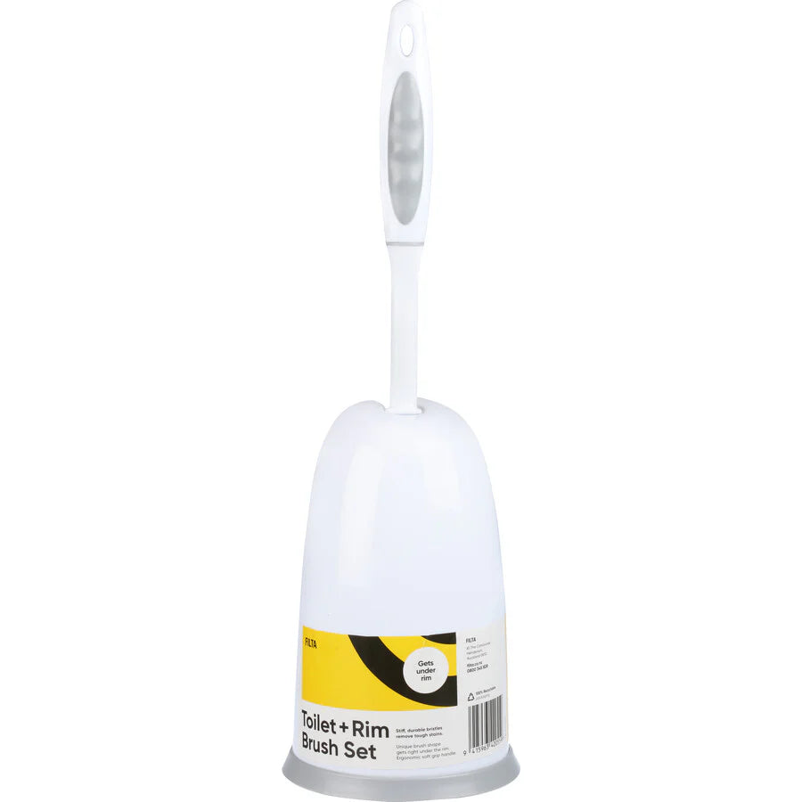 Filta Toilet + Rim Brush Set with white handle, yellow label, gets under rim