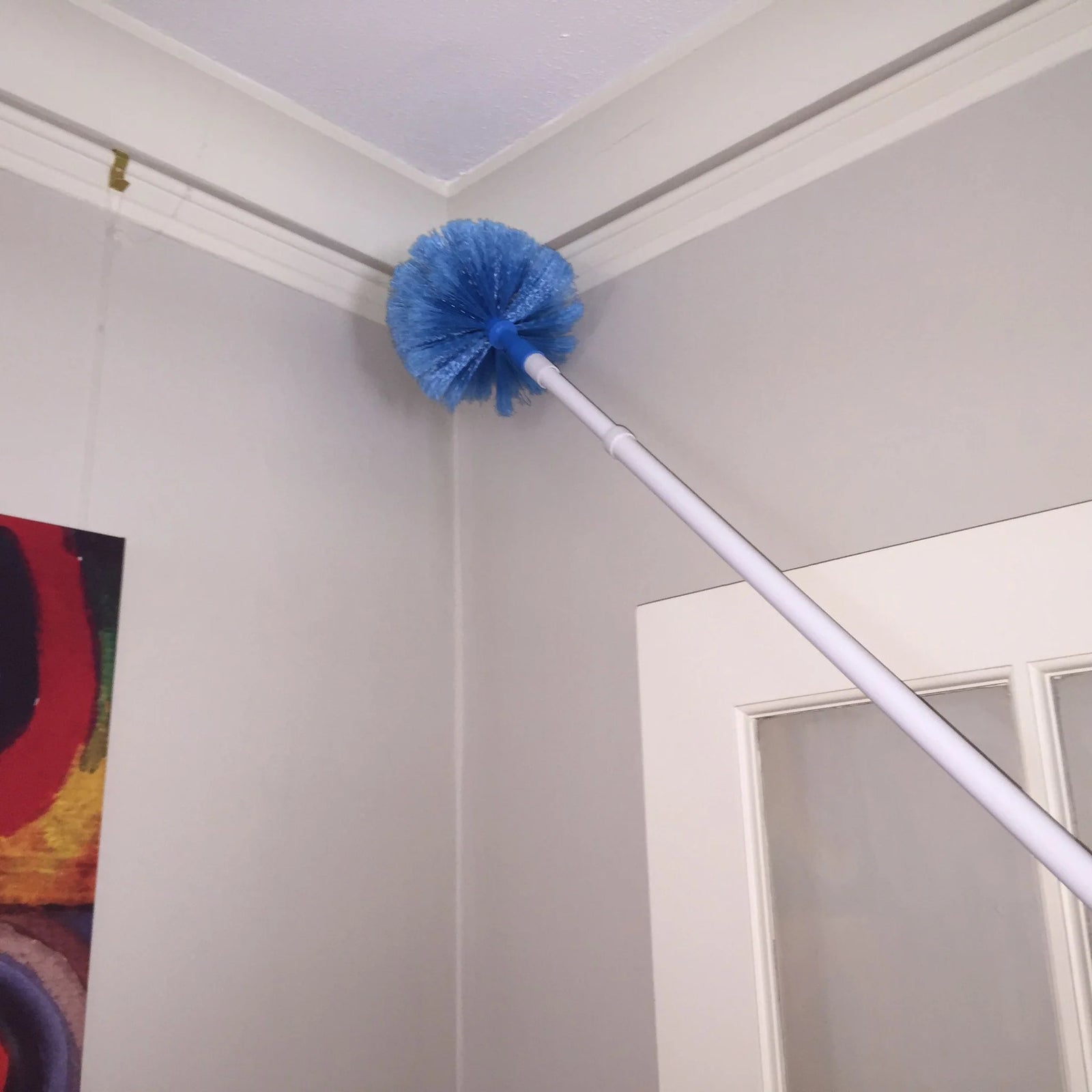 Filta cobweb brush with blue round bristles reaching into a ceiling corner on telescopic handle