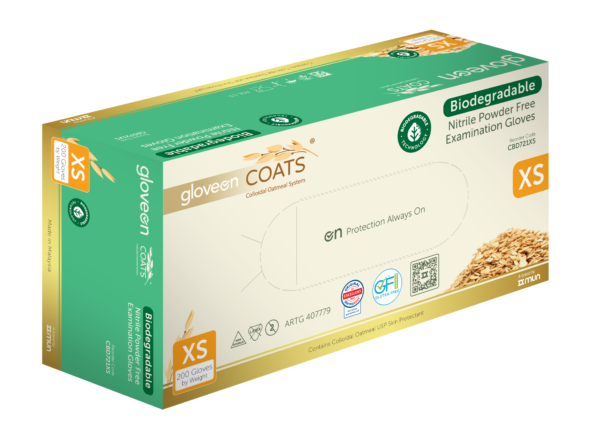 COATS® Colloidal Oatmeal Coated Biodegradable Nitrile Exam Gloves (XS, S, M, L, XL)