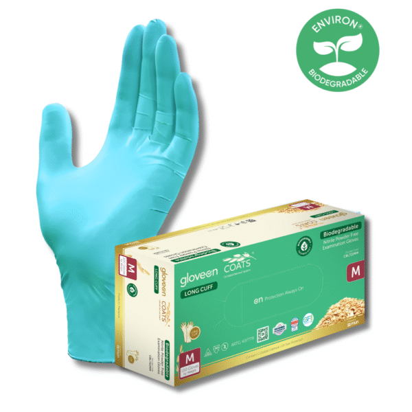 COATS® Colloidal Oatmeal Coated Biodegradable Long Cuff Nitrile Exam Gloves (XS, S, M, L, XL)