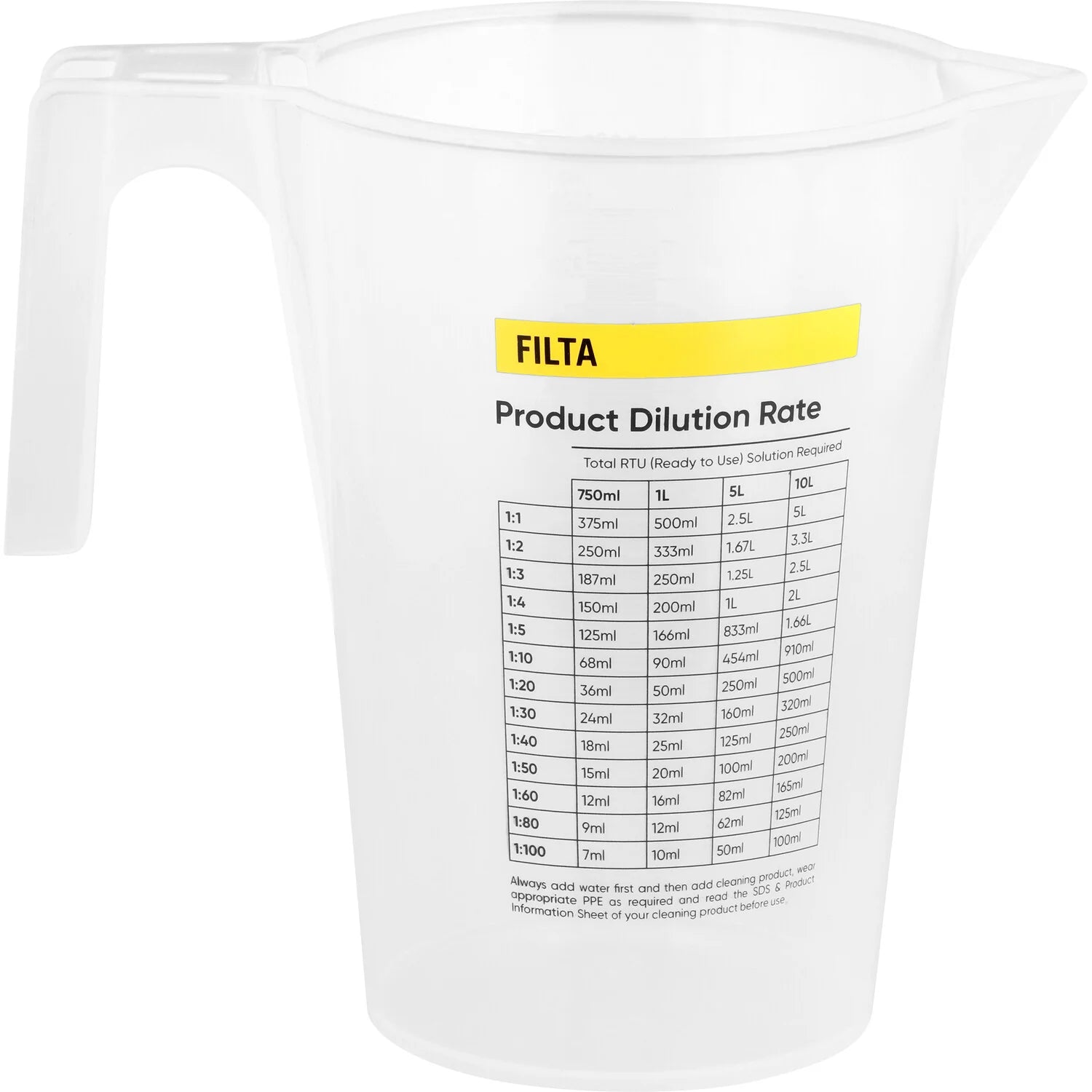 Filta 1 litre clear plastic measuring jug with product dilution rate chart printed on side